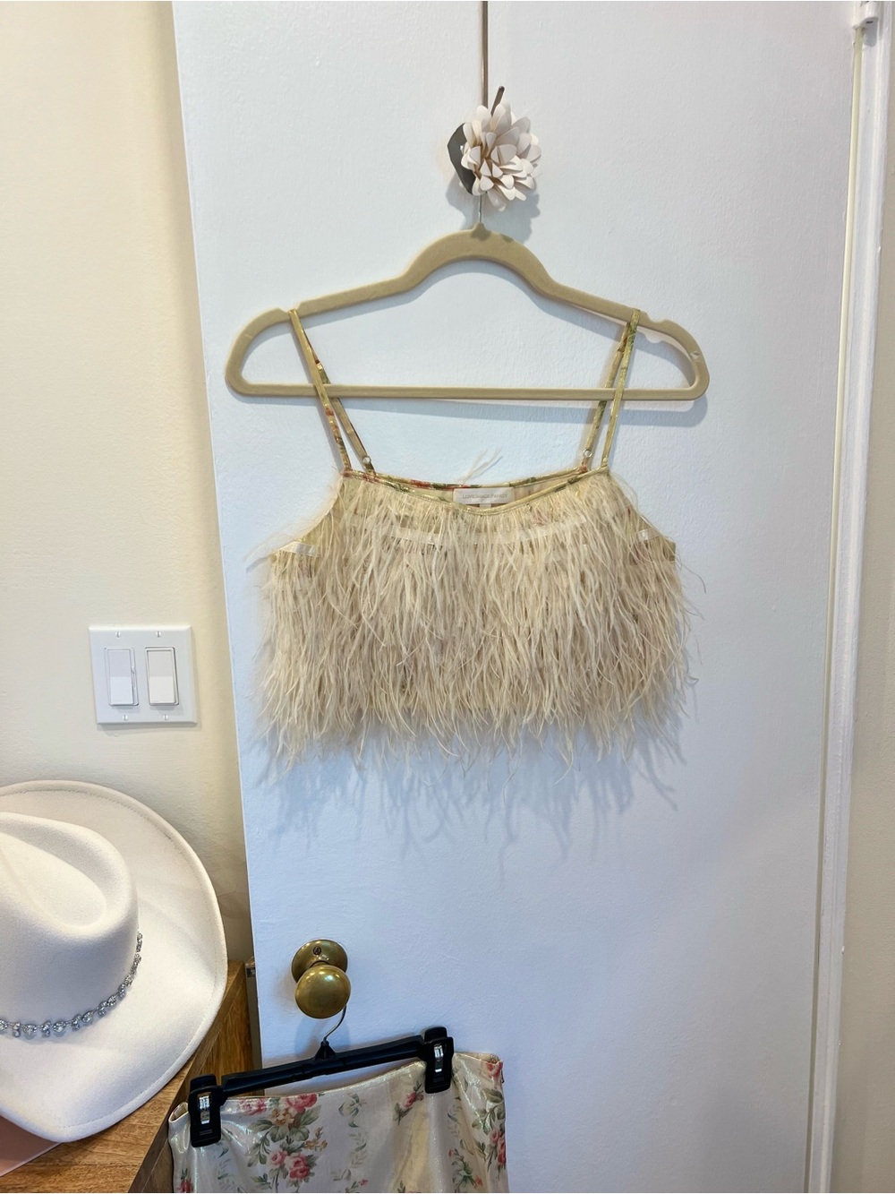 Beige Feathered Cropped Cami Top